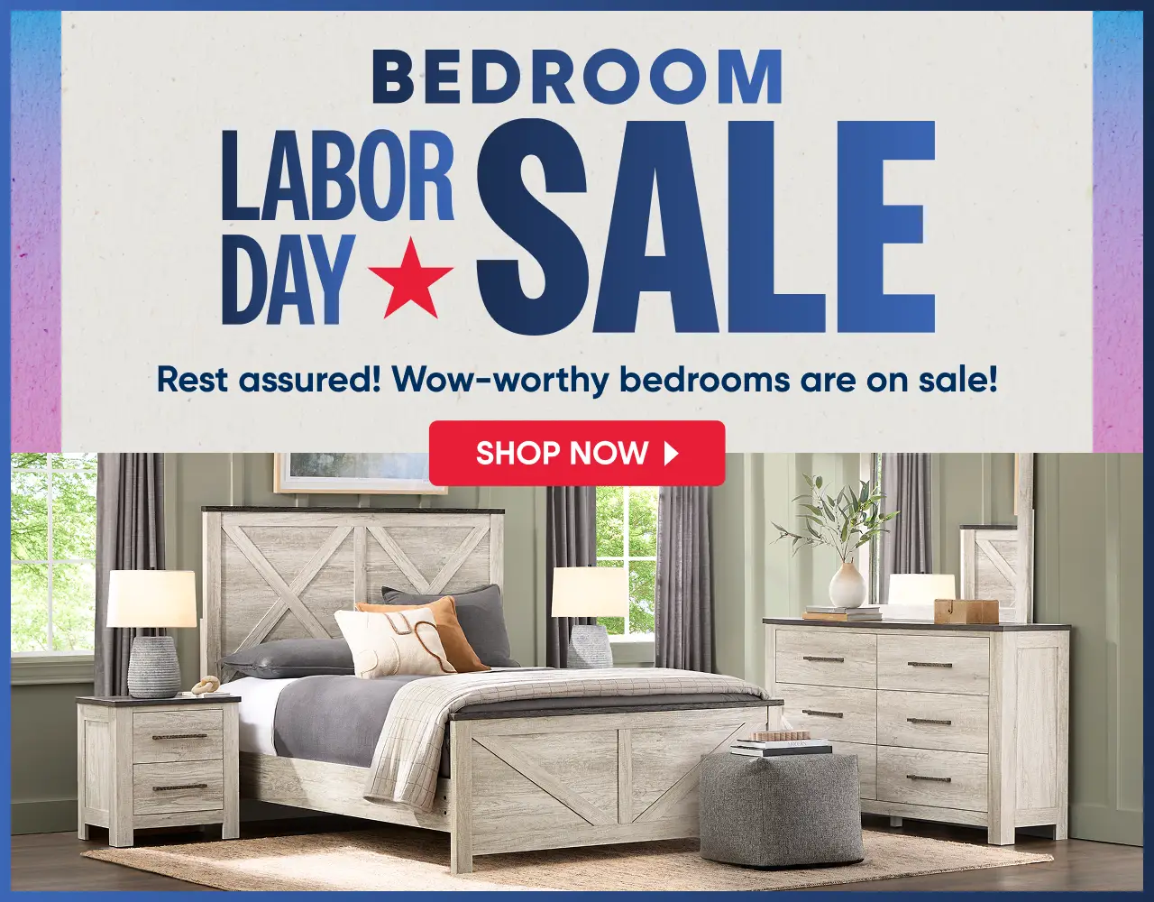 Bedroom Labor Day Sale: A rustic, light-wood bedroom set featuring a bed, nightstand, and dresser.