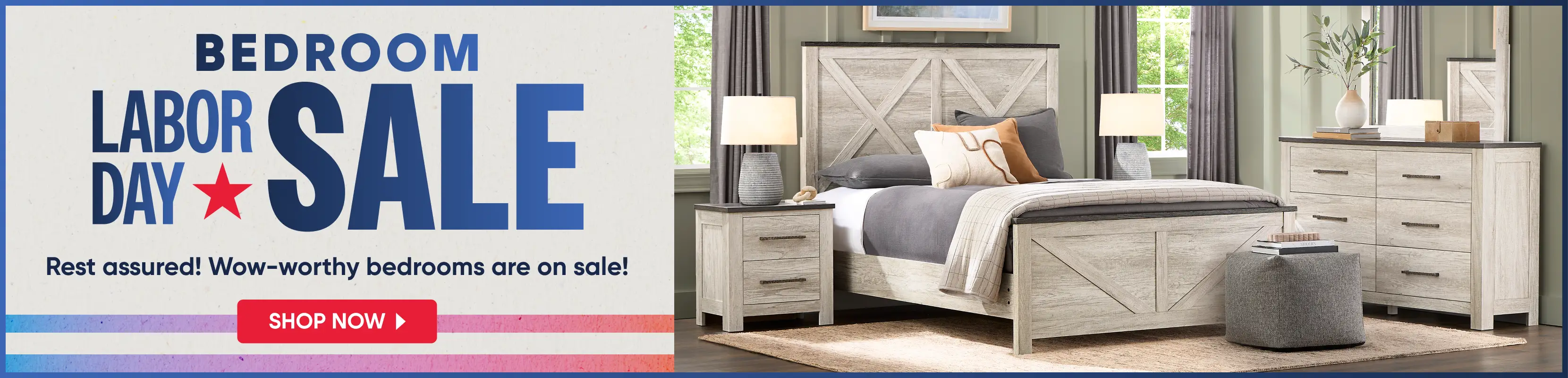 Bedroom Labor Day Sale: A rustic, light-wood bedroom set featuring a bed, nightstand, and dresser.