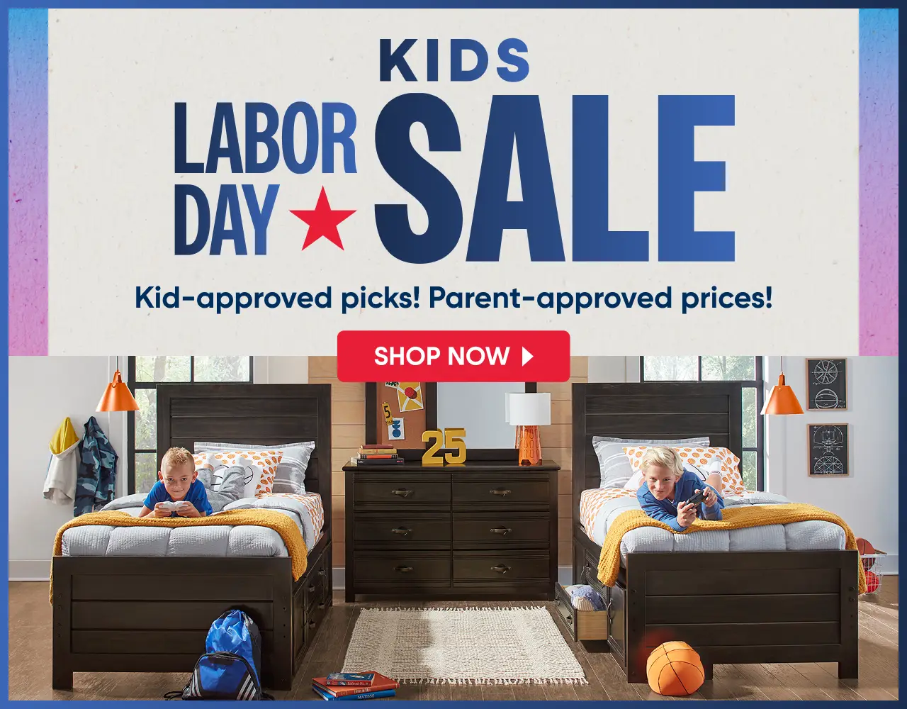Kids Labor Day Sale: Kid-approved picks! Parent-approved prices! Shop Now. Two boys playing video games on twin beds.