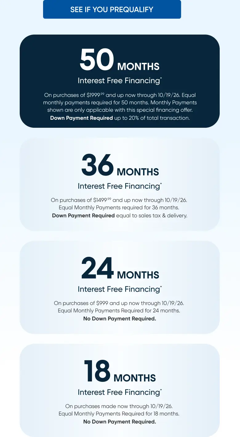 Financing offers: 50 months (min $1999.99), 36 months (min $1499.99), 24 months (min $999), and 18 months, all valid until 10/19/26.