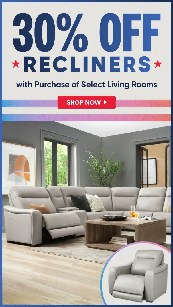 30% OFF RECLINERS with Purchase of Select Living Rooms. A light gray sectional sofa and matching recliner in a living room.
