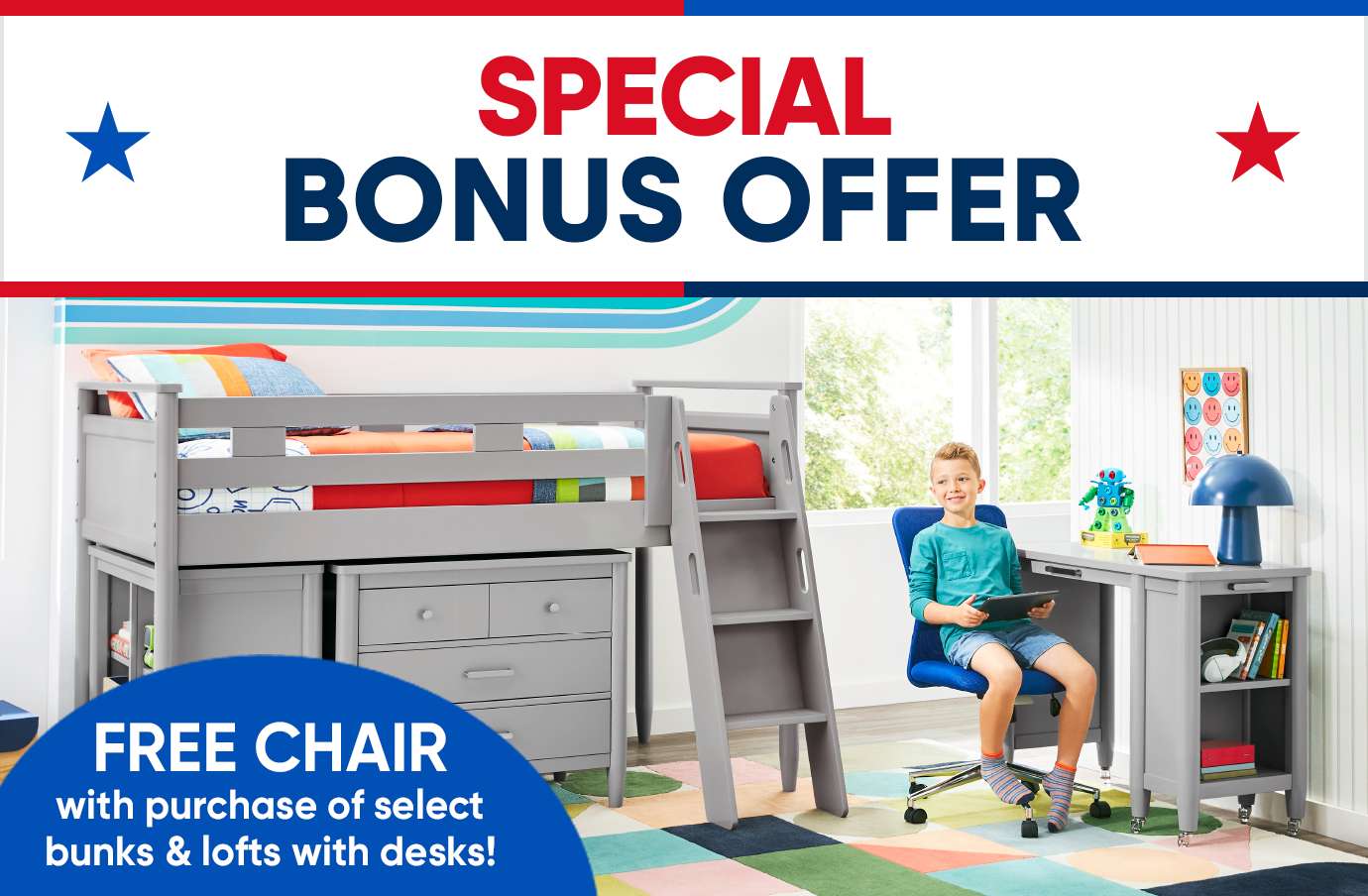 SPECIAL BONUS OFFER. FREE CHAIR with purchase of select bunks & lofts with desks! A boy sits at a desk.
