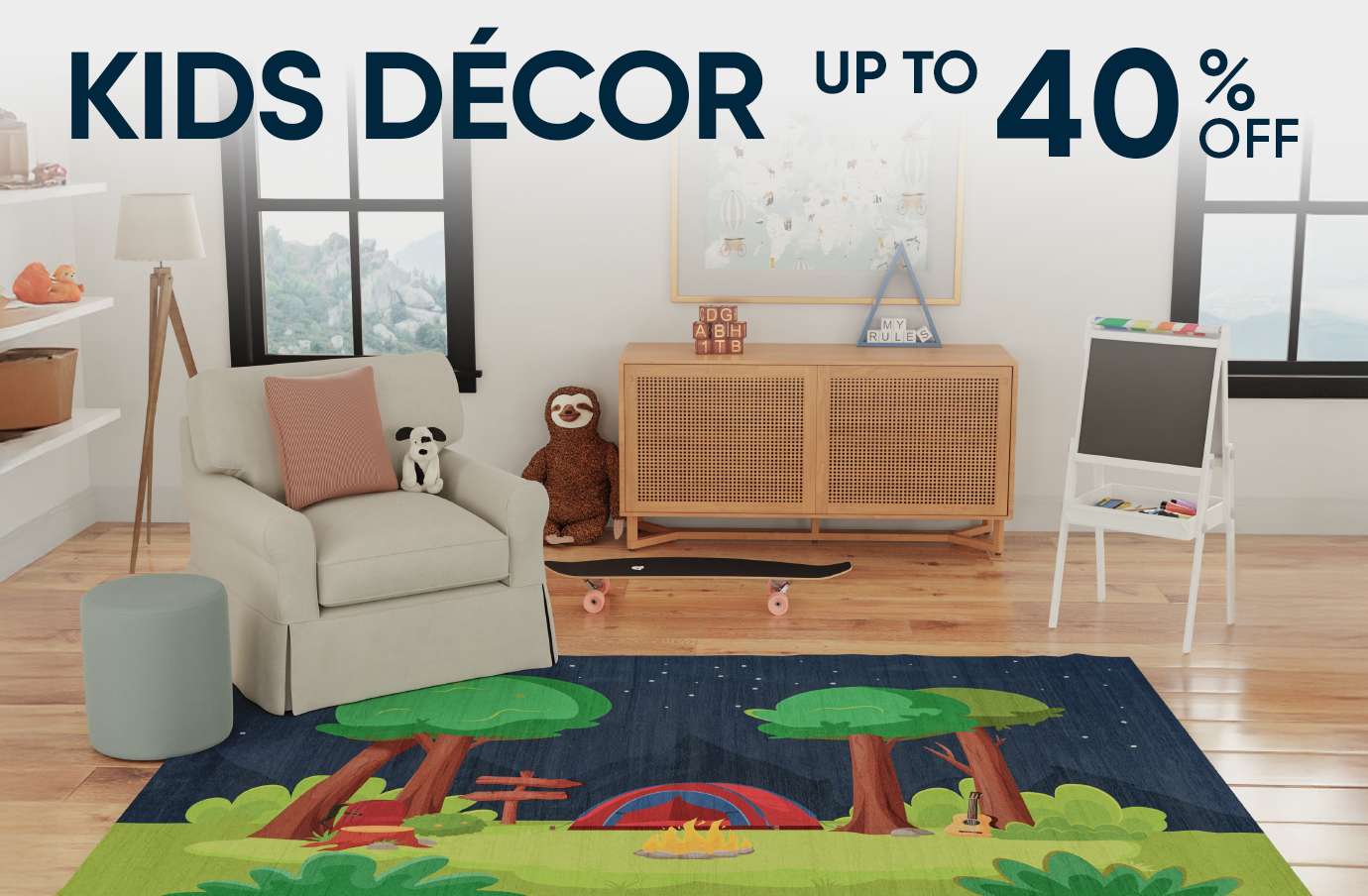 KIDS DÉCOR UP TO 40% OFF. A room with kids' furniture and decor.
