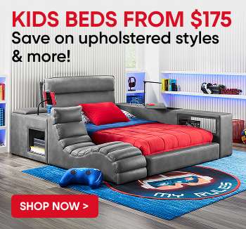 KIDS BEDS FROM $175. Save on upholstered styles & more! A gray upholstered kids bed with a gaming theme.
