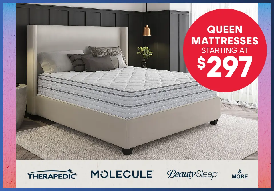 Queen mattresses starting at $297, featuring brands like Therapedic, Molecule, and BeautySleep.