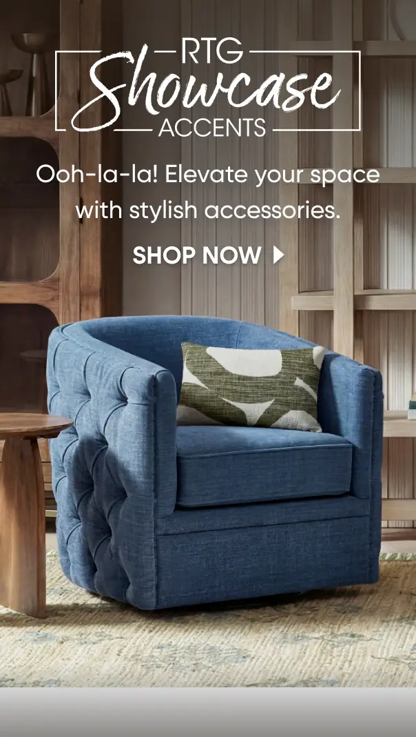 RTG Showcase Accents: Ooh-la-la! Elevate your space with stylish accessories. Shop now. A blue tufted swivel chair.