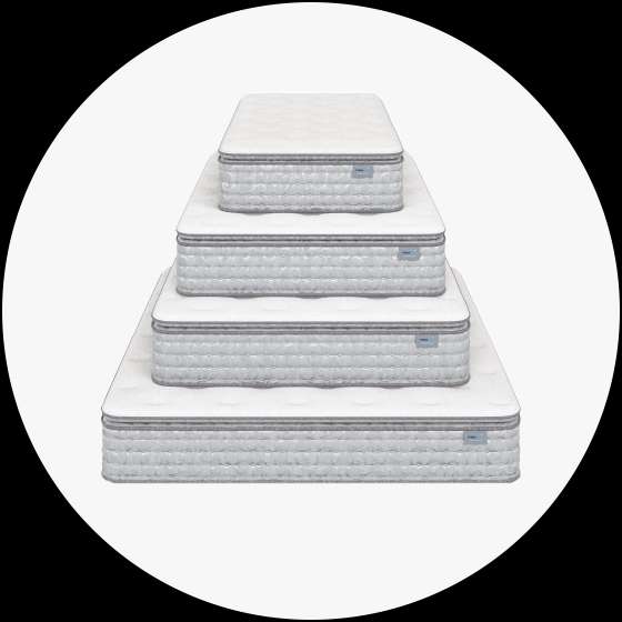 Four white mattresses stacked on top of each other.
