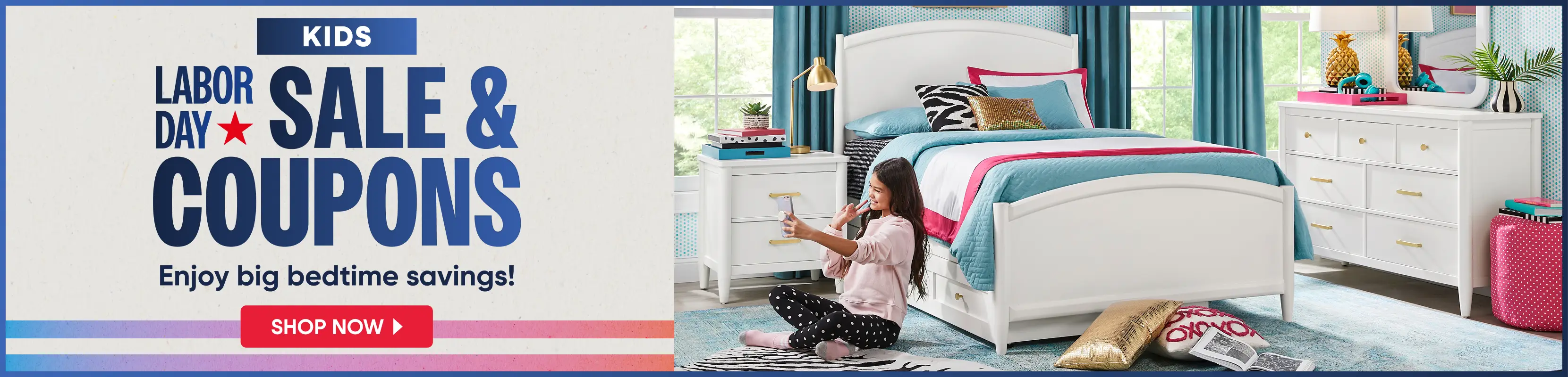 Kids Labor Day Sale & Coupons: A girl sits on the floor in a bedroom with white furniture, taking a selfie.