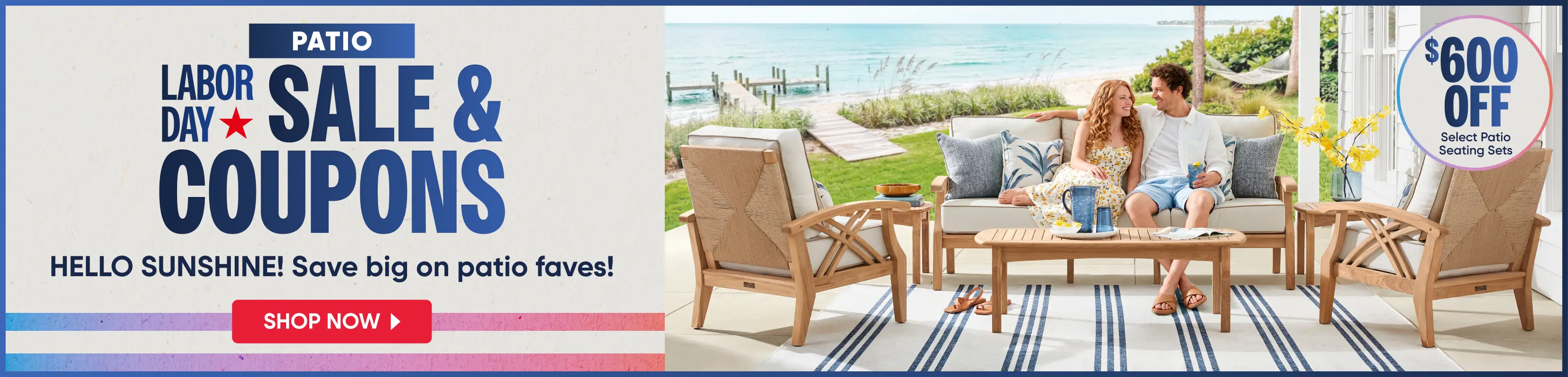 Patio Labor Day Sale & Coupons: $600 off select patio seating sets. A couple sits on a wooden patio furniture set by the beach.