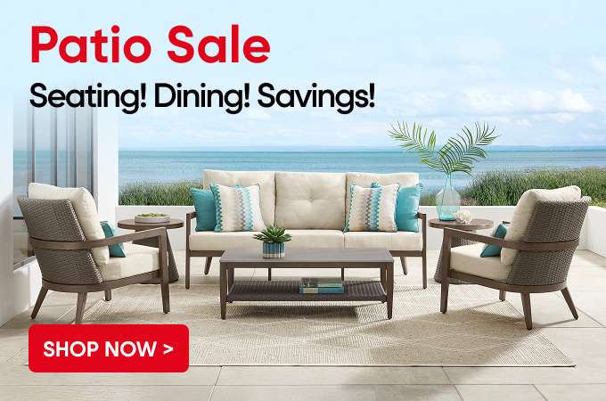Patio Sale. Seating! Dining! Savings! Shop Now. Patio furniture set on a patio overlooking the ocean.
