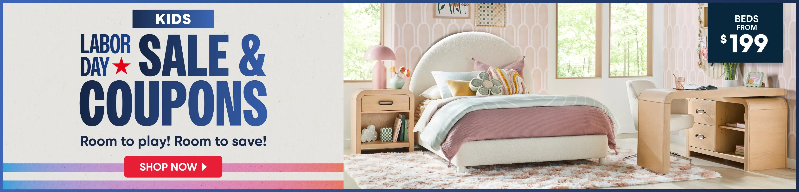 Kids Labor Day Sale & Coupons: Beds from $199. A stylish bedroom set featuring a cream upholstered bed and wooden desk.