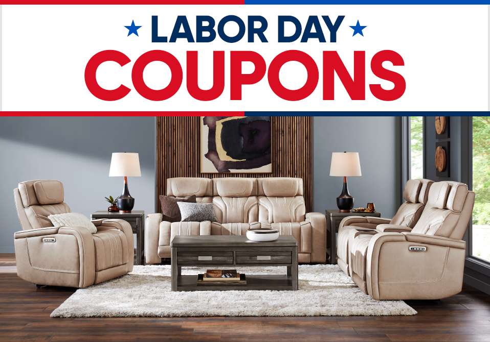 LABOR DAY COUPONS. A living room set with a sofa, two recliners, and a coffee table.
