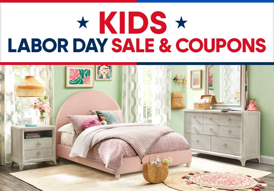 KIDS LABOR DAY SALE & COUPONS. A bedroom with a pink bed and dresser.

