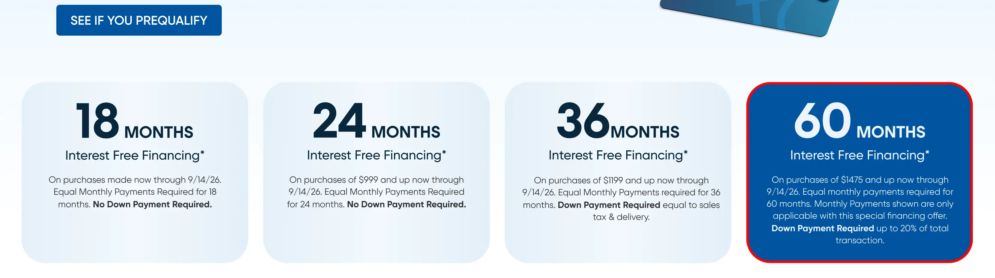 Promotional graphic showing interest-free financing options for 18, 24, 36, and 60 months with specific purchase requirements.