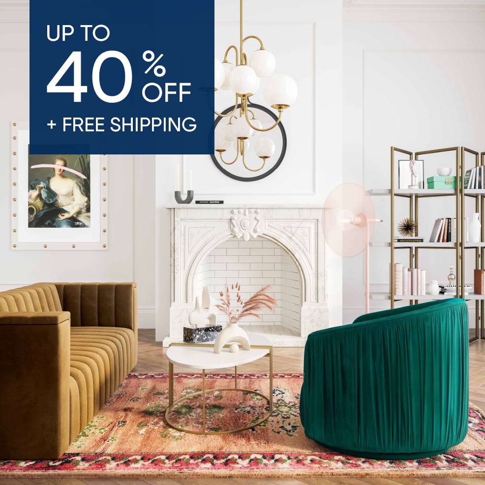 Up to 40% off + free shipping. Interior of a living room with furniture.
