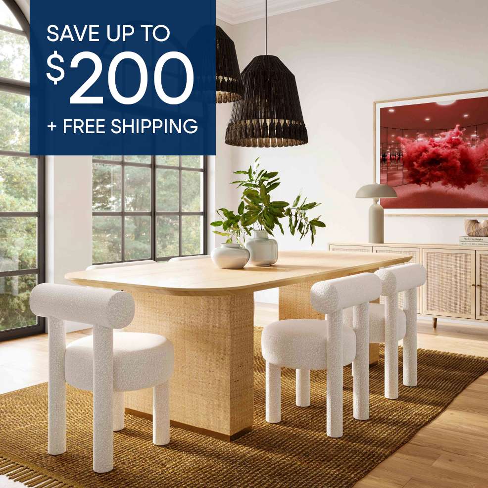 SAVE UP TO $200 + FREE SHIPPING. A dining room set with a table, chairs, and rug.
