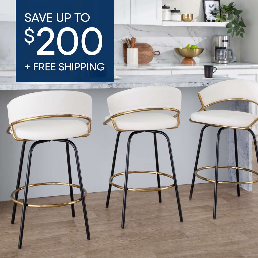 SAVE UP TO $200 + FREE SHIPPING. Three white and gold bar stools in a kitchen.
