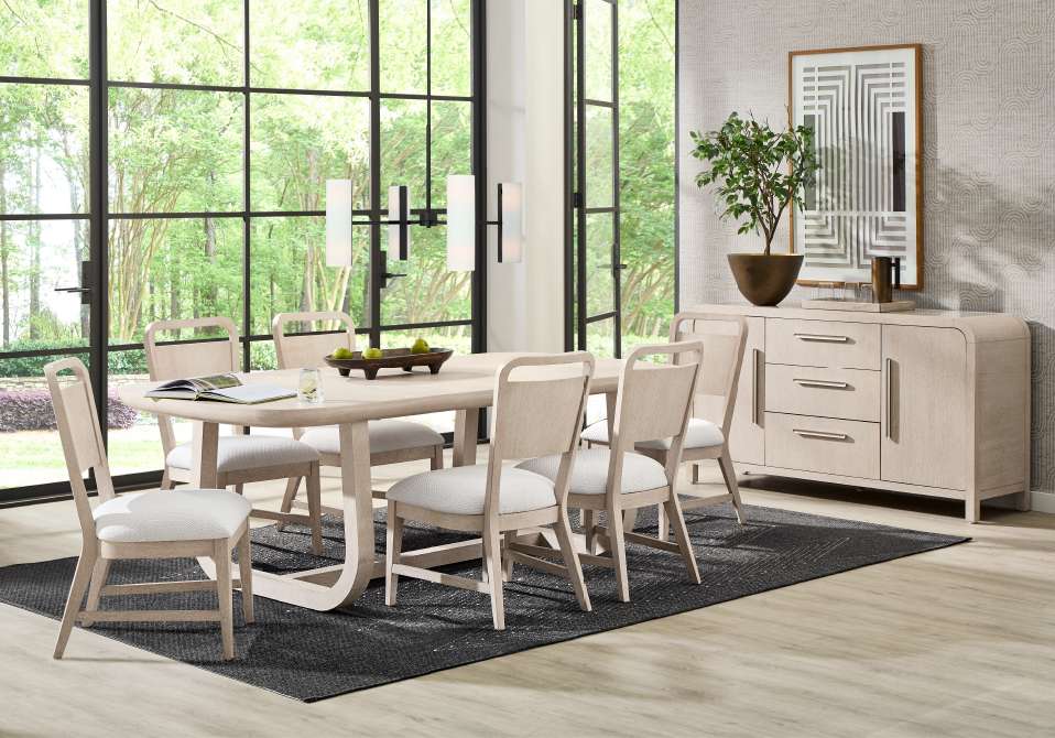 Dining room set with a table, chairs, and a sideboard.
