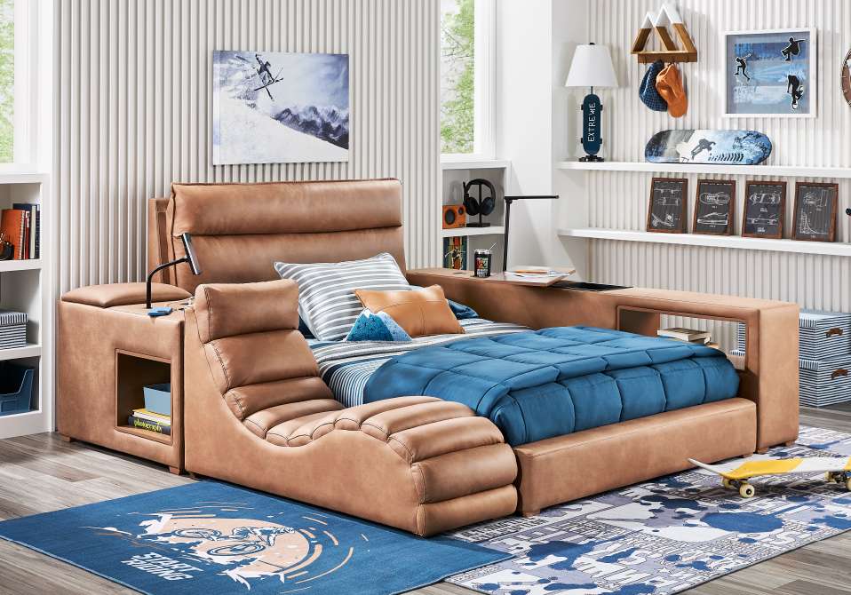 Brown leather bed with built-in side tables and a recliner.
