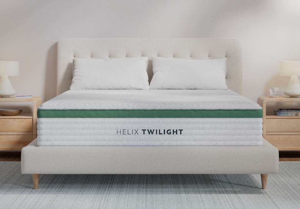 HELIX TWILIGHT mattress on a bed frame.
