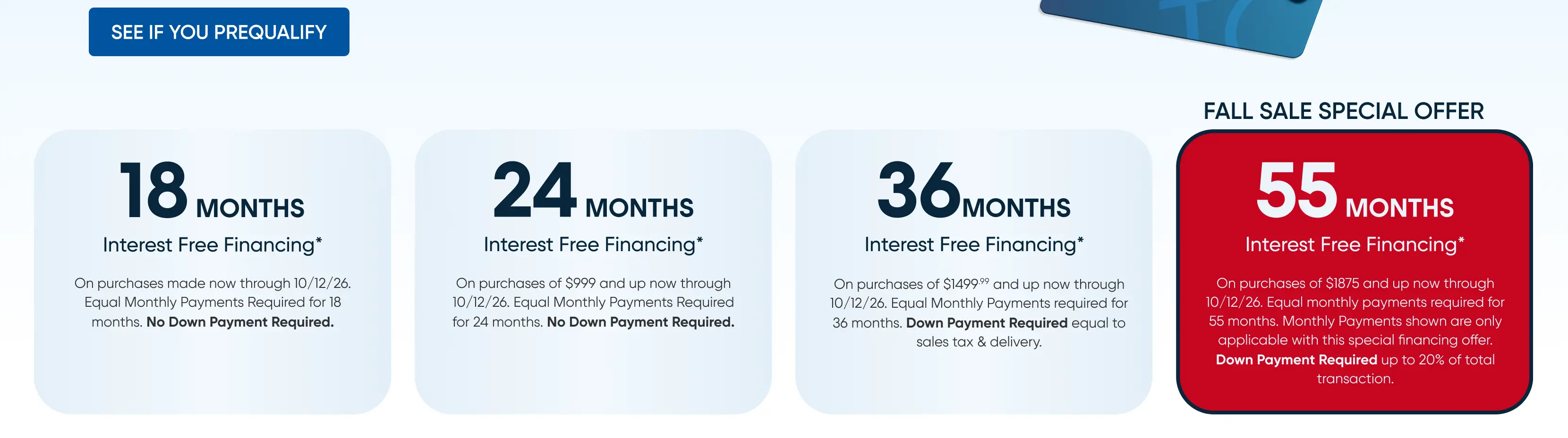 Fall Sale Special Offer: Interest-free financing options ranging from 18 to 55 months with varying down payment requirements.