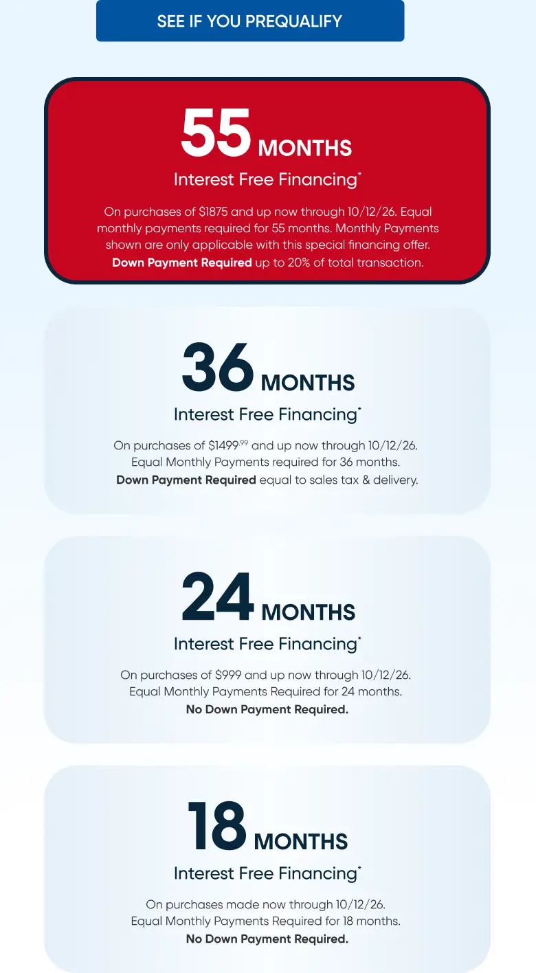 A list of interest-free financing offers ranging from 18 to 55 months with specific purchase and down payment requirements.