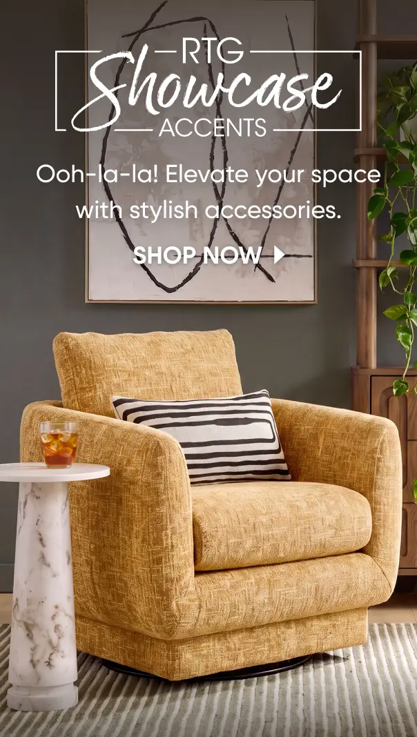 RTG Showcase Accents: Ooh-la-la! Elevate your space with stylish accessories. Shop now. A yellow swivel chair with a pillow.