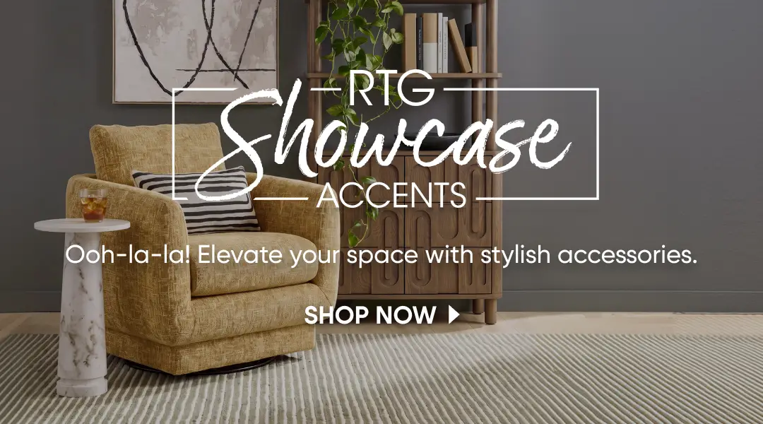 RTG Showcase Accents: Ooh-la-la! Elevate your space with stylish accessories. Shop now. A yellow swivel chair with a pillow.