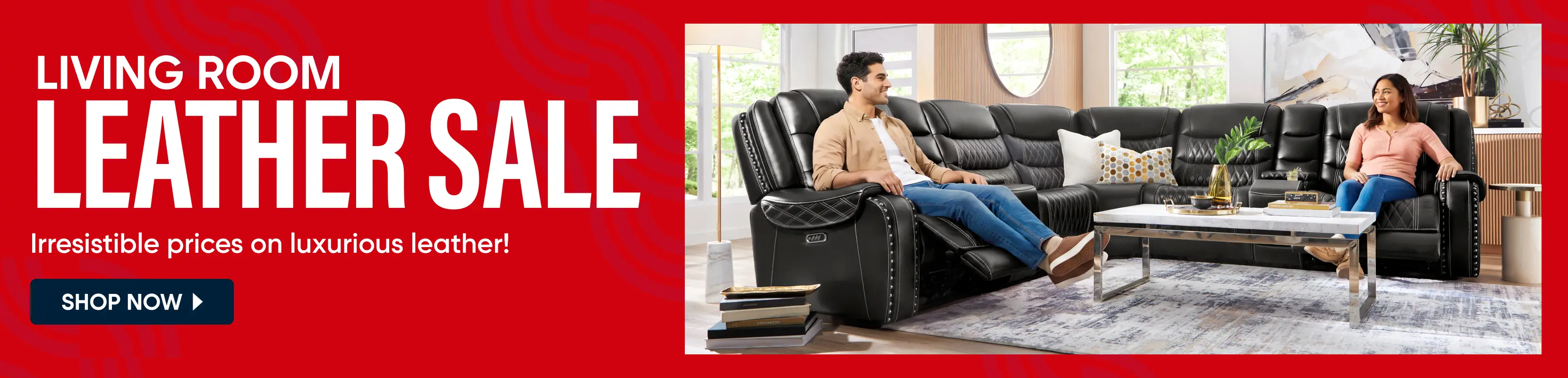 LIVING ROOM LEATHER SALE: Irresistible prices on luxurious leather! Shop now. A man and woman sit on a black leather sectional.