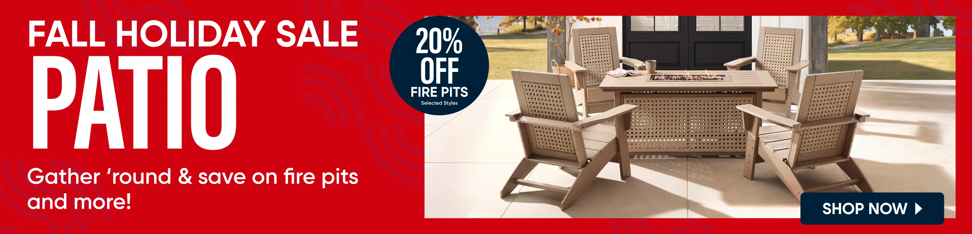 Fall Holiday Sale: 20% off fire pits. A patio set with four chairs and a fire pit table on a sunny outdoor deck. Shop now.