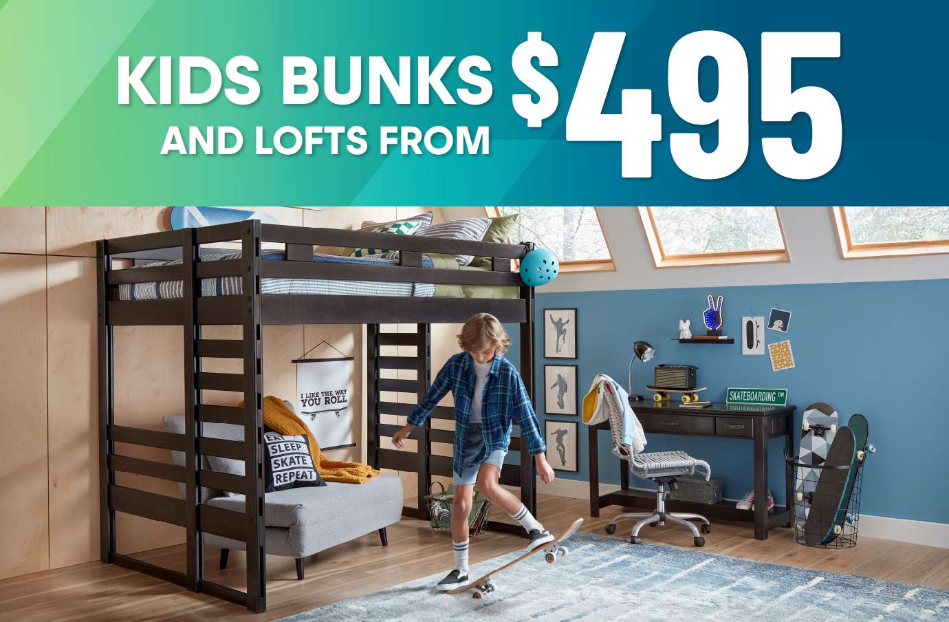 KIDS BUNKS AND LOFTS FROM $495. A boy skateboarding in a room with a bunk bed and desk.
