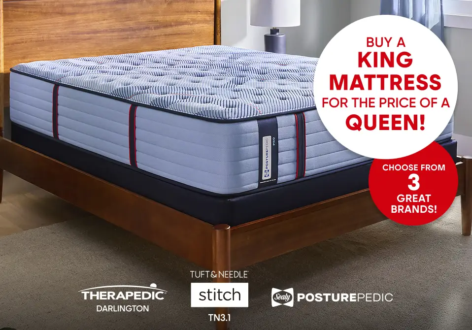 Buy a King mattress for the price of a Queen! Featuring Therapedic, Tuft & Needle, and Sealy Posturepedic mattresses.