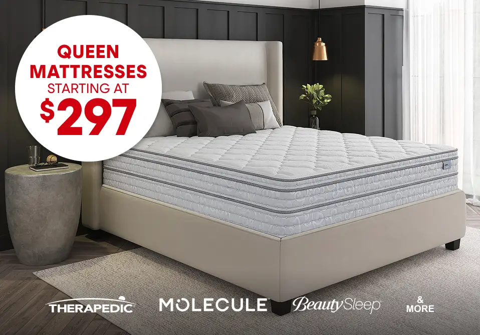Queen mattresses starting at $297, featuring brands like Therapedic, Molecule, and BeautySleep on a modern bed frame.