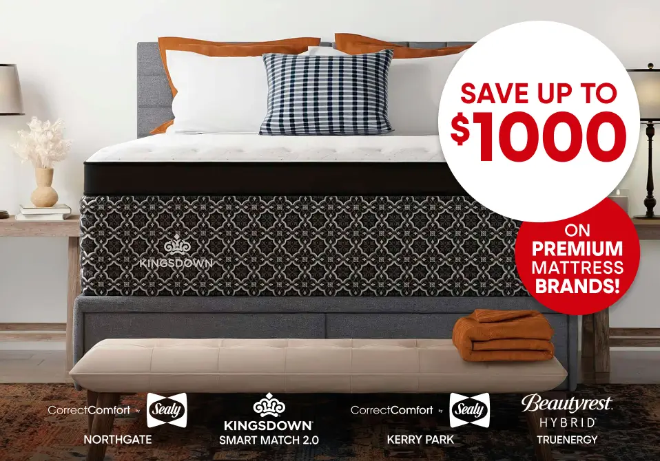 Save up to $1000 on premium mattress brands including Sealy, Kingsdown, and Beautyrest Hybrid.