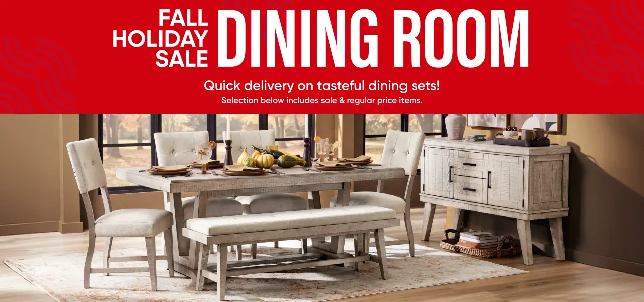 FALL HOLIDAY SALE DINING ROOM. Quick delivery on tasteful dining sets! A rustic dining set with chairs and a bench.