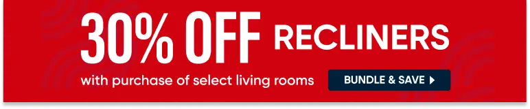 30% OFF RECLINERS with purchase of select living rooms. A tan leather sofa and matching recliner in a modern living room.