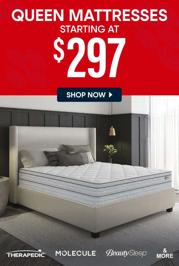 Queen mattresses starting at $297. Shop now. Image shows a queen-sized mattress on a bed frame with various brand logos.