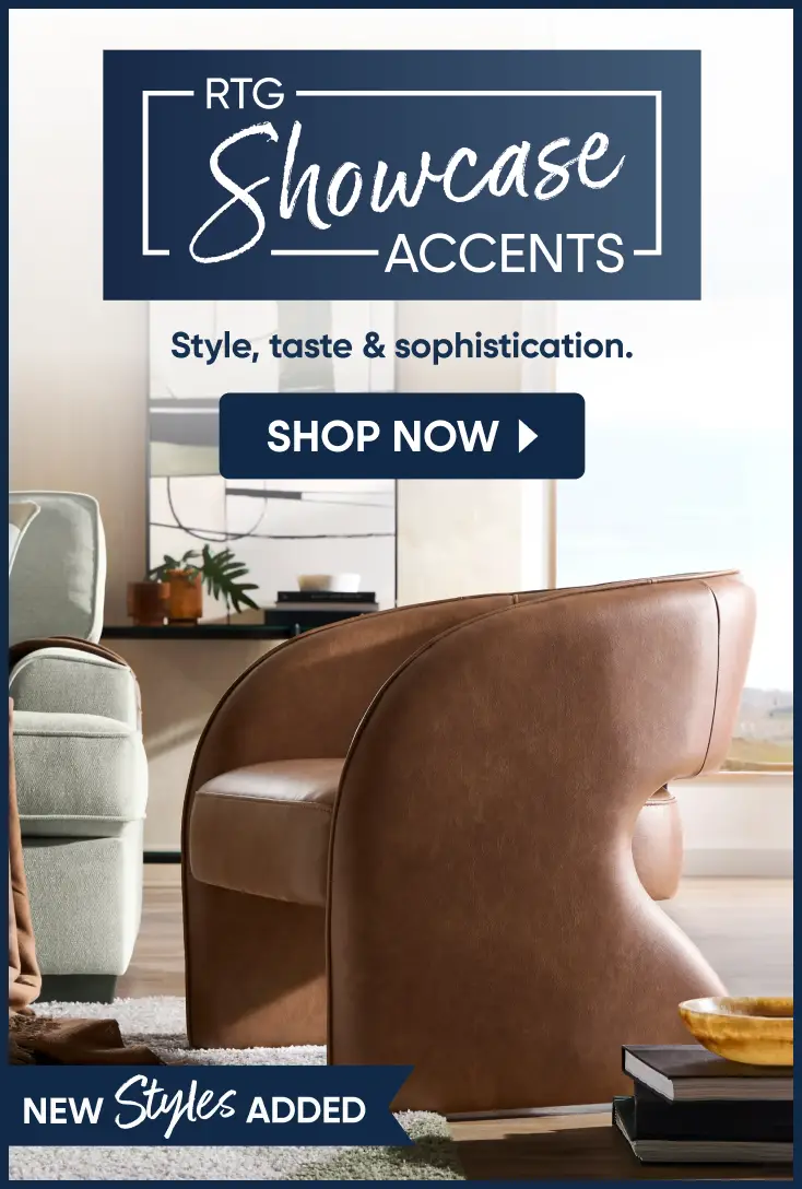 RTG Showcase Accents: Style, taste & sophistication. Shop now. New styles added. A modern brown leather accent chair.