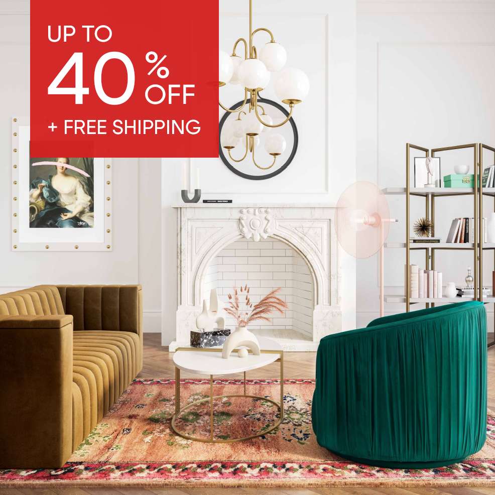 Up to 40% off + Free Shipping. Interior of a living room with furniture.