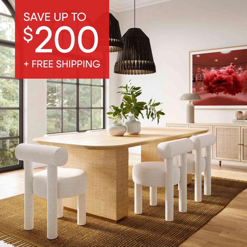 SAVE UP TO $200 + FREE SHIPPING. A dining room set with a table, chairs, and rug.