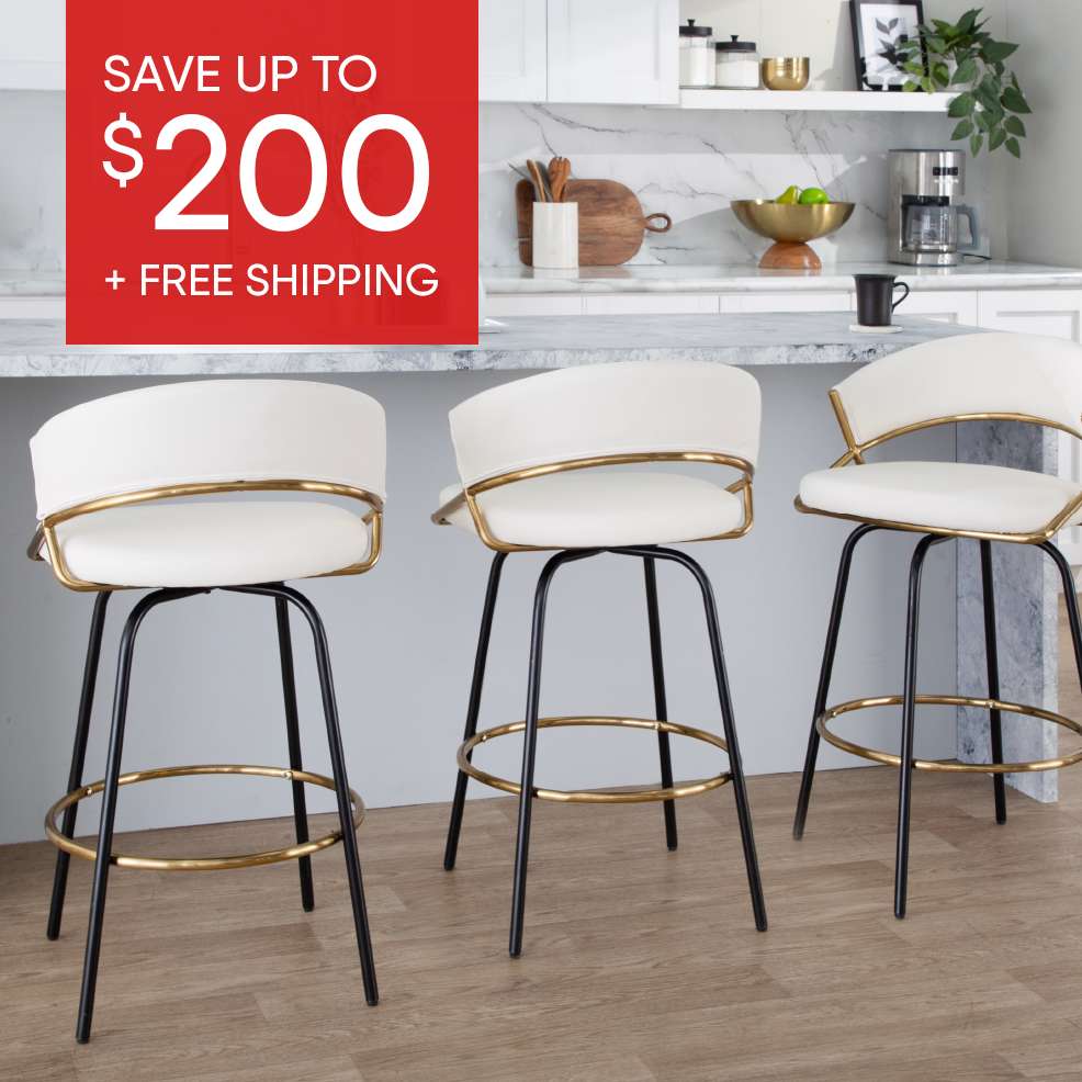 SAVE UP TO $200 + FREE SHIPPING. Three white and gold bar stools.