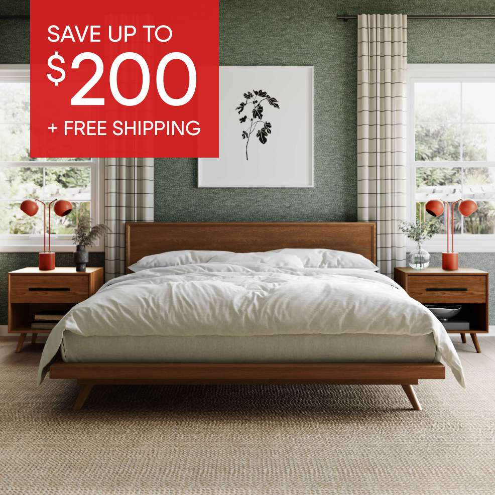 SAVE UP TO $200 + FREE SHIPPING. A bedroom with a wooden bed frame, nightstands, and lamps.