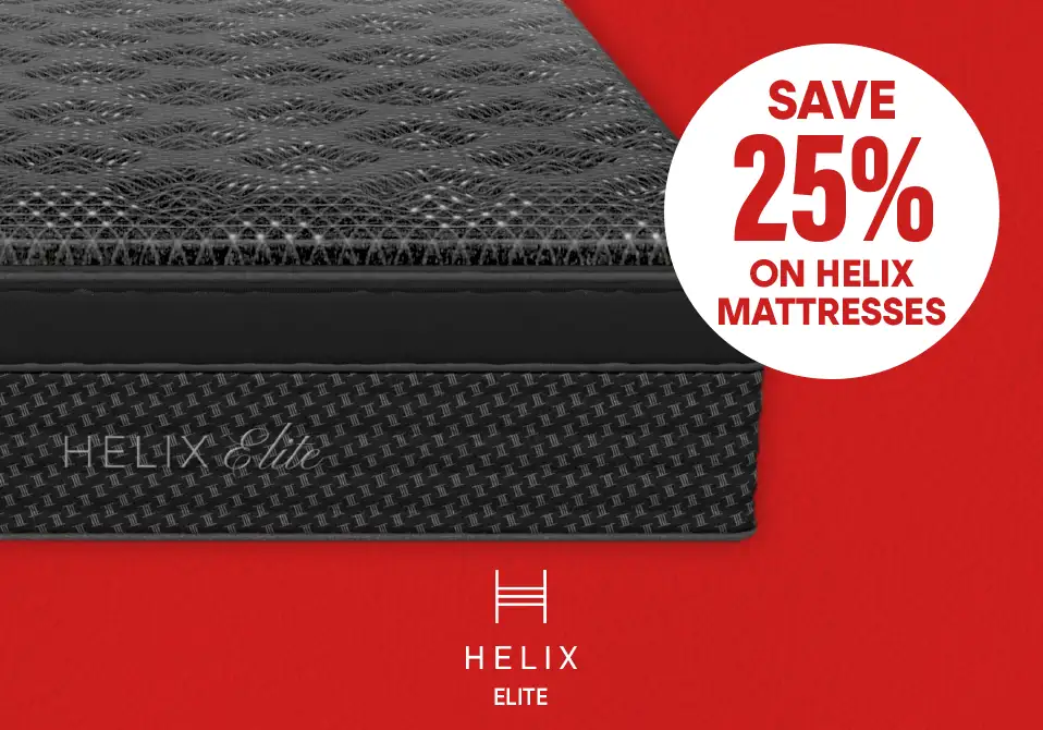 SAVE 25% ON HELIX MATTRESSES. A black Helix Elite mattress on a red background.
