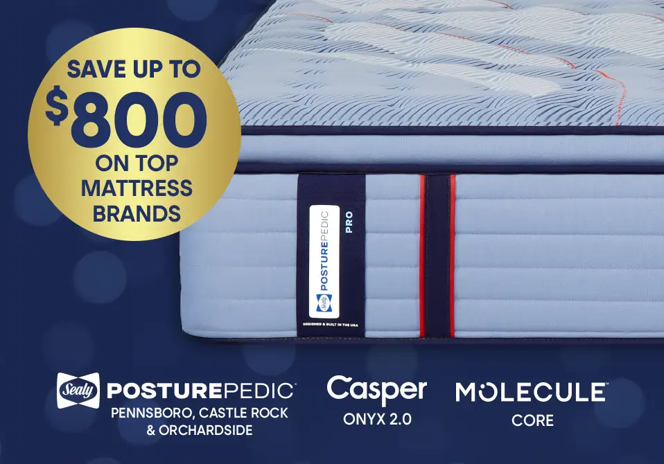Save up to $800 on top mattress brands. The image shows a mattress with the brands Sealy, Posturepedic, Casper, and Molecule.
