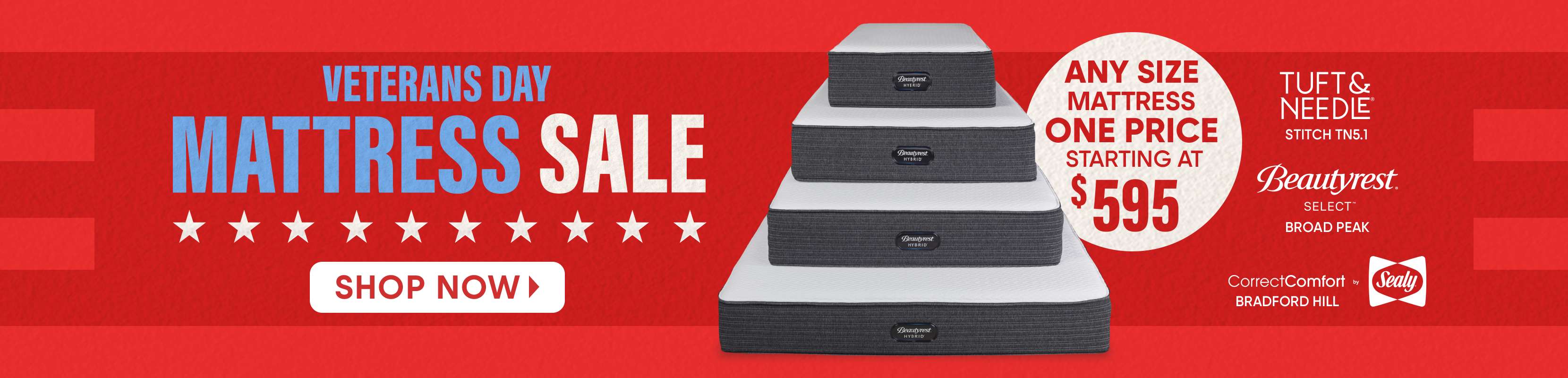 Veterans Day Mattress Sale. Any size mattress one price starting at $595. Shop now.
