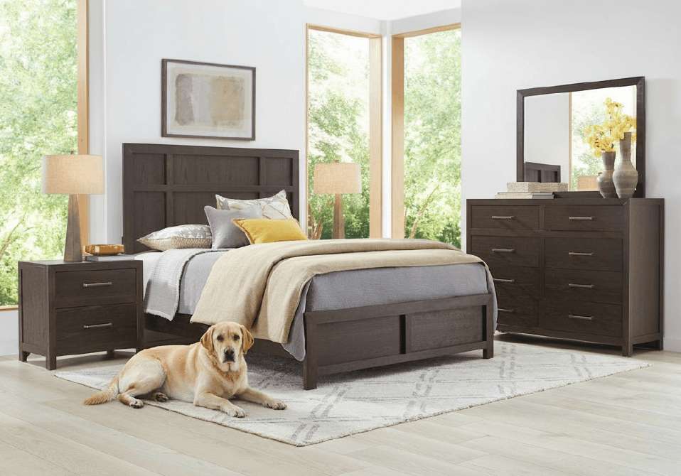 A bedroom set with a bed, nightstand, dresser, and a dog lying on the rug.
