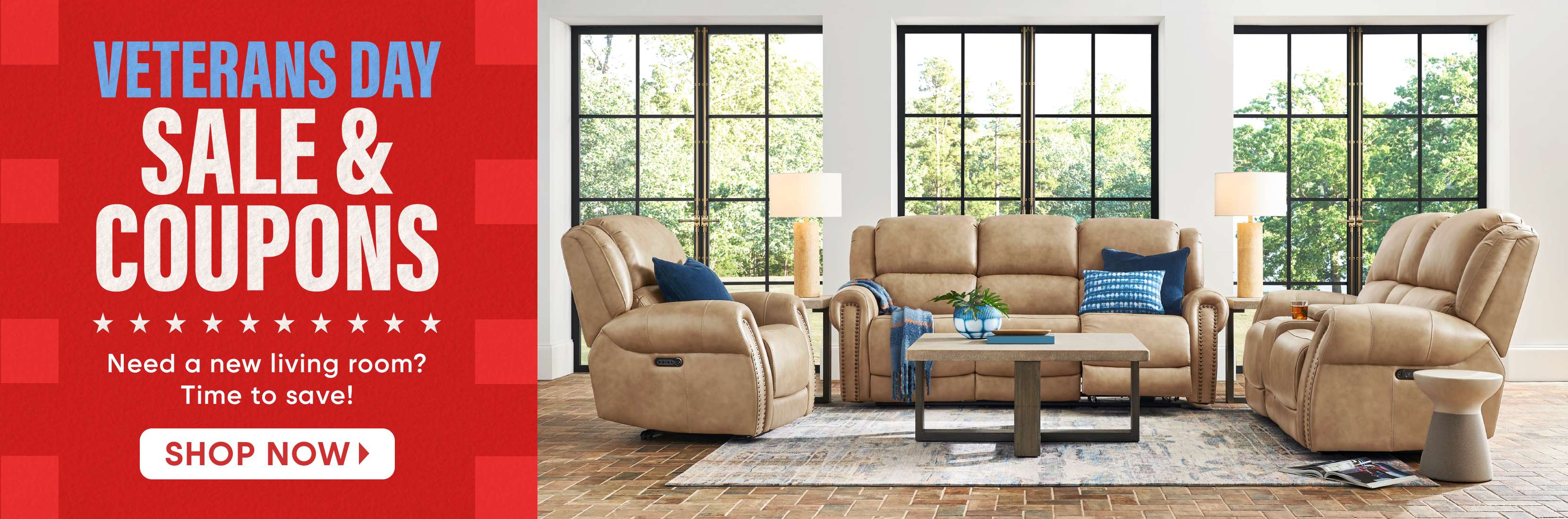 VETERANS DAY SALE & COUPONS. A living room set with a recliner, sofa, and rug.
