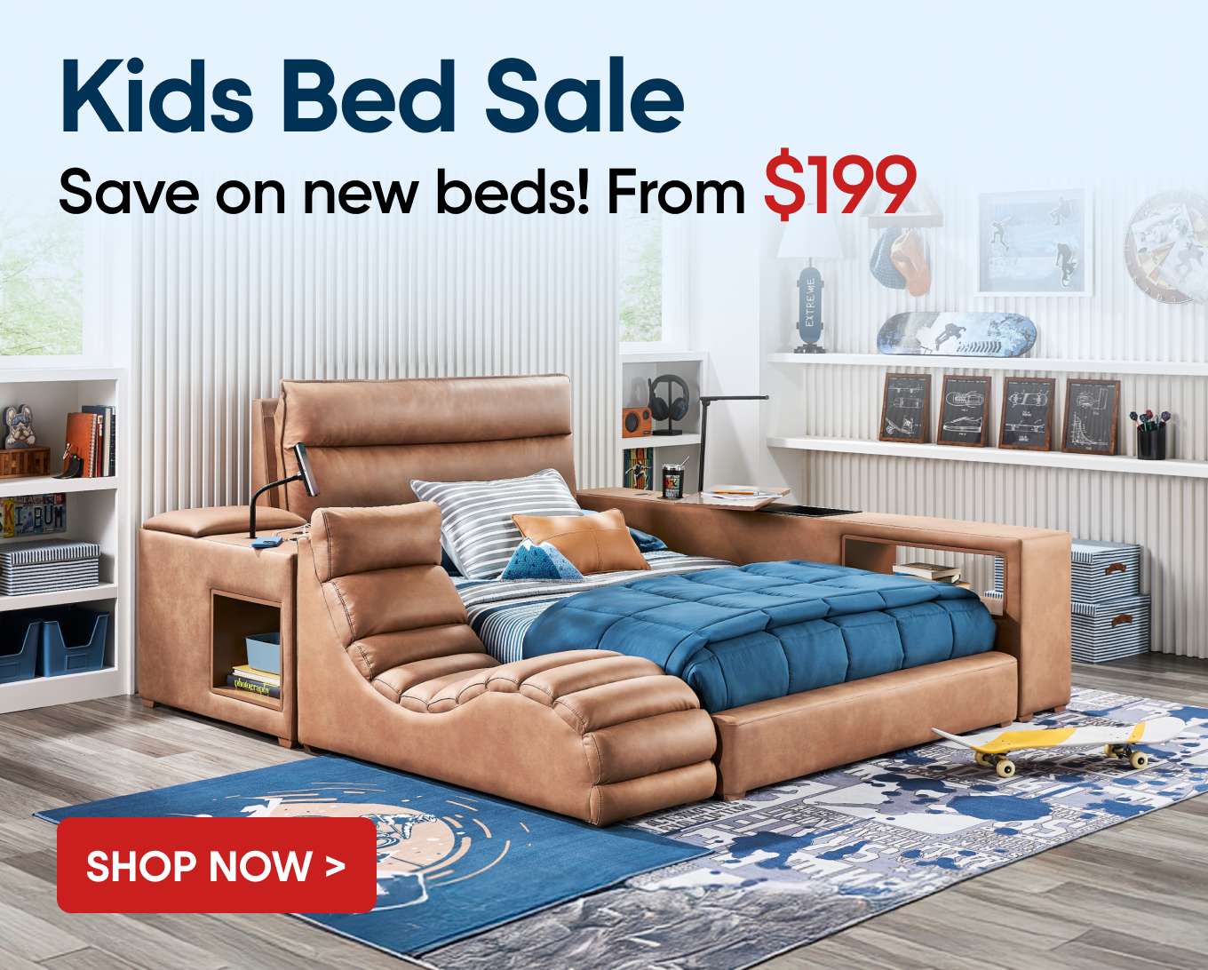 Kids bed sale. Save on new beds! From $199. A brown leather bed with a blue comforter.