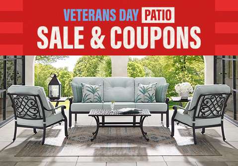Veterans Day Patio Sale & Coupons. Patio furniture set on a porch.
