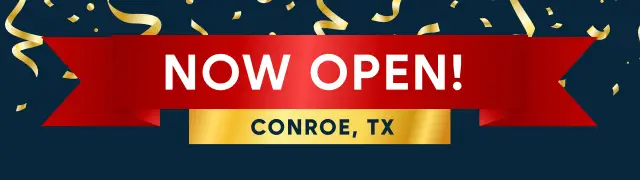 NOW OPEN! CONROE, TX. A festive banner with gold confetti and ribbons on a dark blue background.